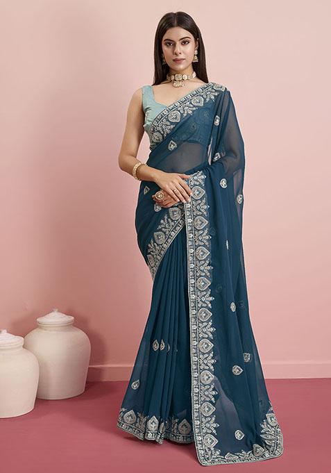 Teal Resham Embroidered Georgette Saree Set