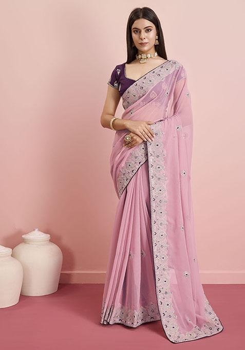 Pink Resham Embroidered Georgette Saree Set