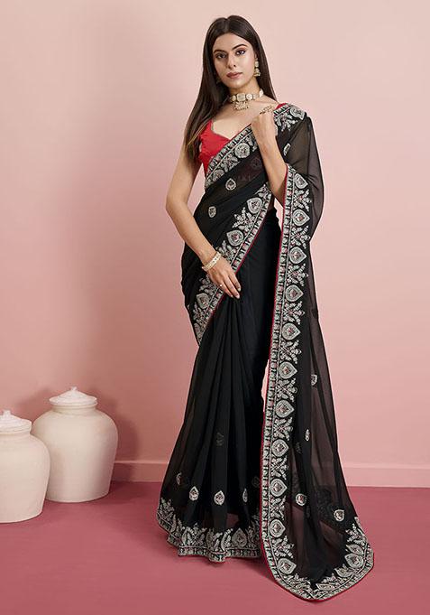 Black Resham Embroidered Georgette Saree Set