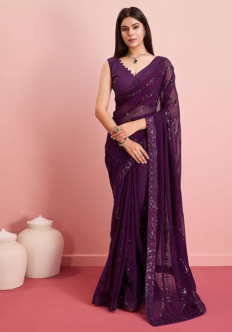 Purple Sequin Embroidered Georgette Saree Set