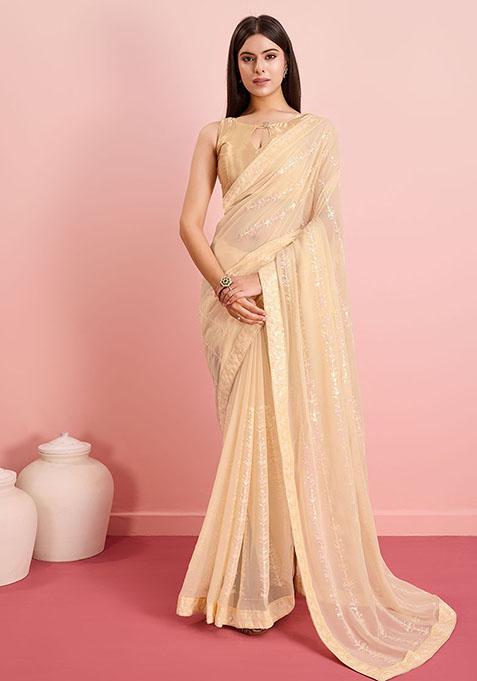 Beige Sequin Embroidered Georgette Saree Set