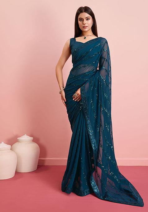 Teal Sequin Embroidered Georgette Saree Set