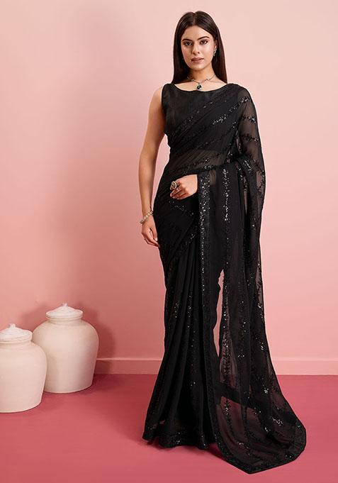 Black Sequin Embroidered Georgette Saree Set