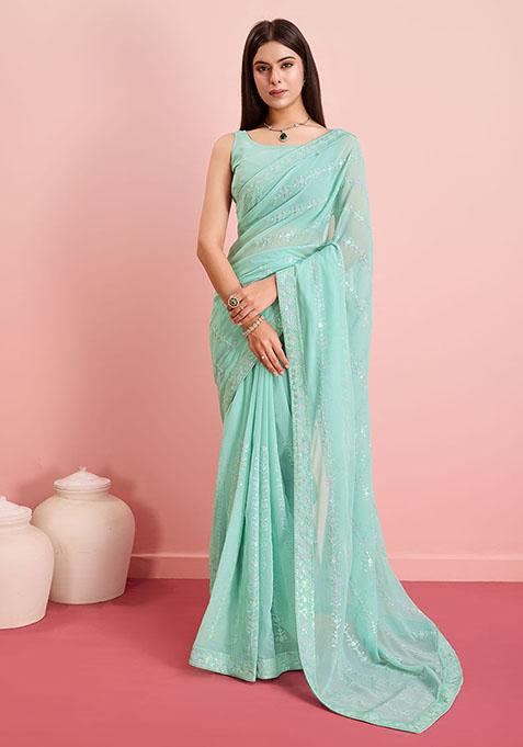 Sky Blue Sequin Embroidered Georgette Saree Set