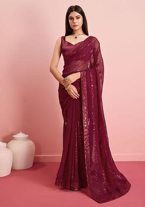 Burgundy Sequin Embroidered Georgette Saree Set