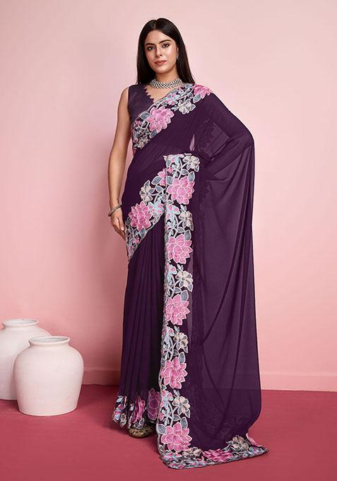 Purple Resham Embroidered Georgette Saree Set