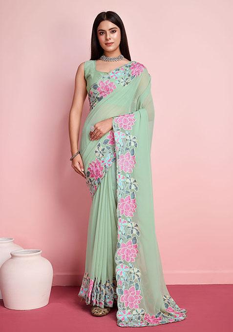 Green Resham Embroidered Georgette Saree Set