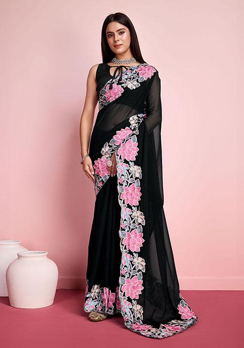 Black Resham Embroidered Georgette Saree Set