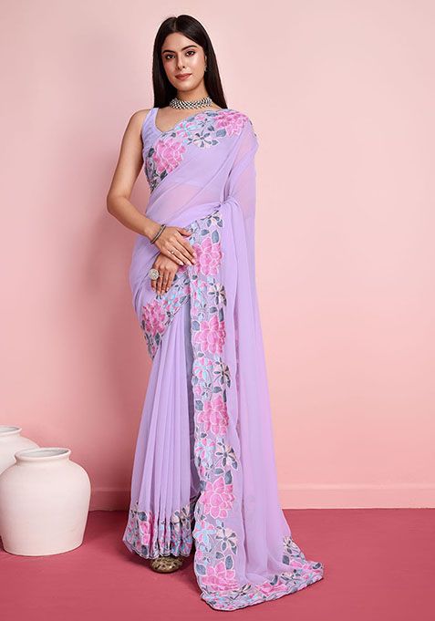 Violet Resham Embroidered Georgette Saree Set