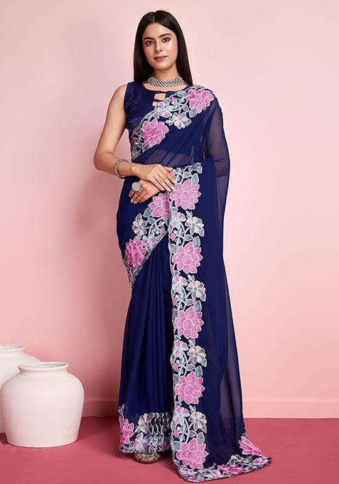 Blue Resham Embroidered Georgette Saree Set