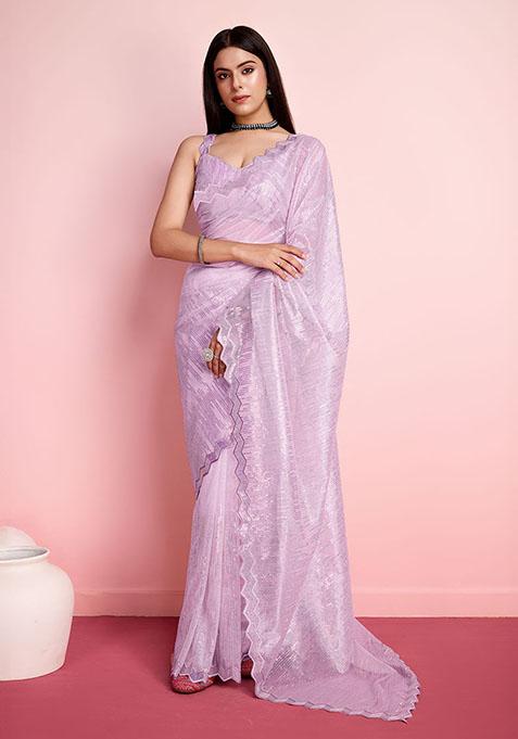 Purple Sequin Embroidered Net Saree Set