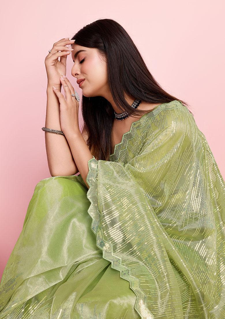 Green Sequin Embroidered Net Saree Set - Indya