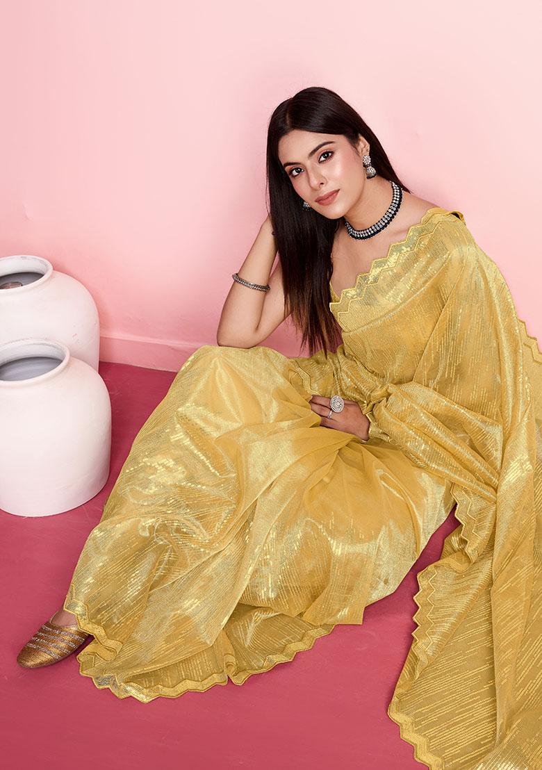 Yellow Sequin Embroidered Net Saree Set