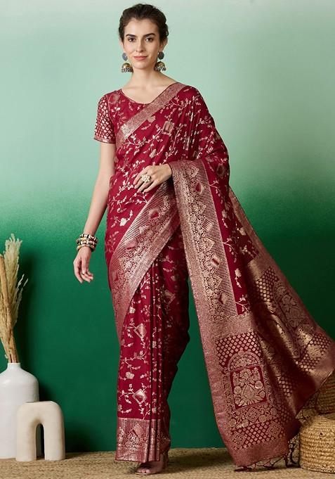 Maroon Zari Woven Cotton Silk Saree Set