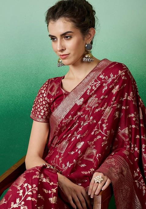Maroon Zari Woven Cotton Silk Saree Set