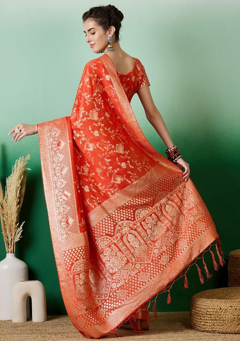 Orange Zari Woven Cotton Silk Saree Set