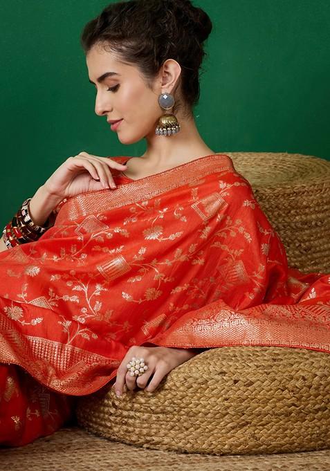 Orange Zari Woven Cotton Silk Saree Set