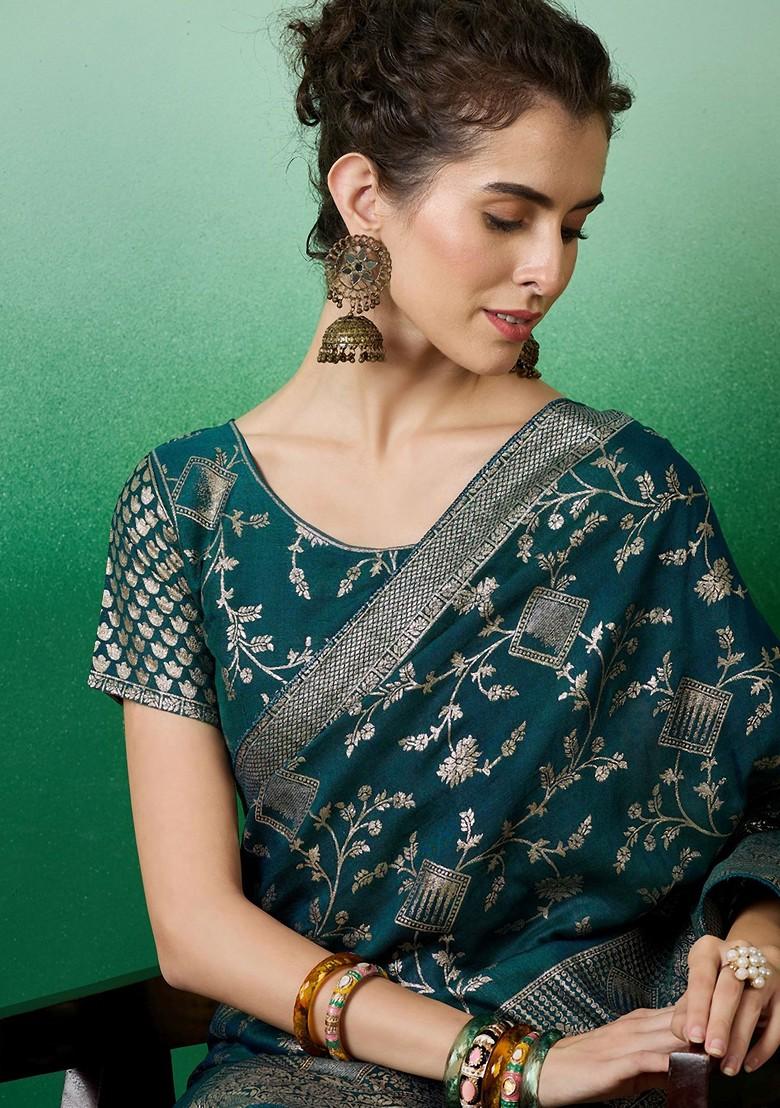 Teal Zari Woven Cotton Silk Saree Set