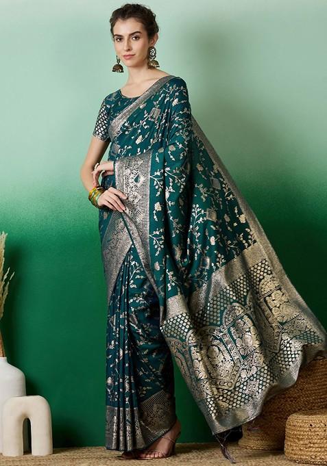 Teal Zari Woven Cotton Silk Saree Set