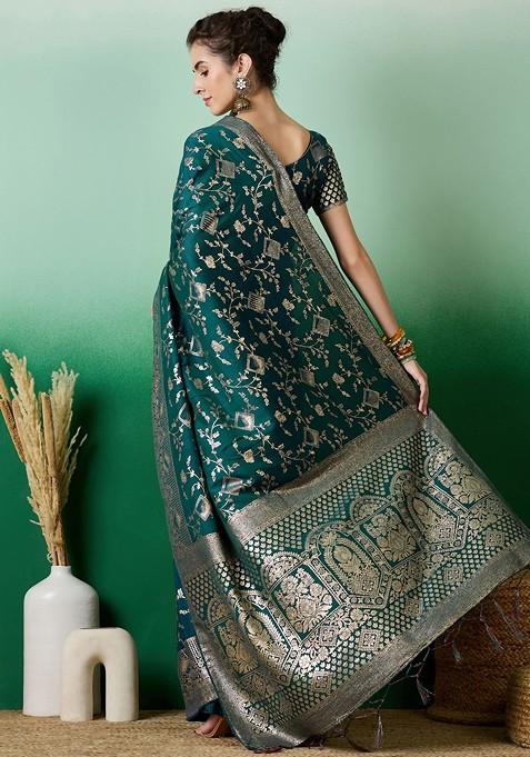 Teal Zari Woven Cotton Silk Saree Set