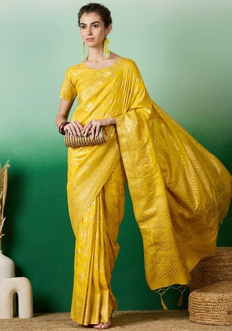 Yellow Zari Woven Cotton Silk Saree Set