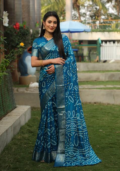 Sky Blue Bandhej Woven Art Silk Saree Set