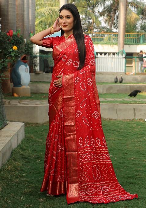 Red Bandhej Woven Art Silk Saree Set