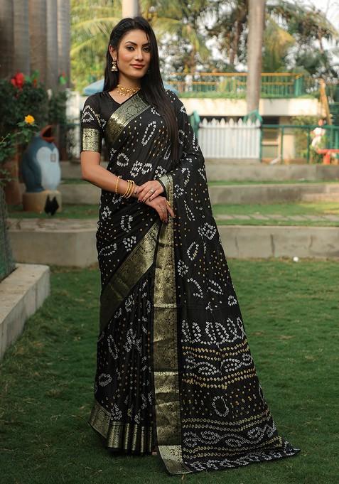 Black Bandhej Woven Art Silk Saree Set