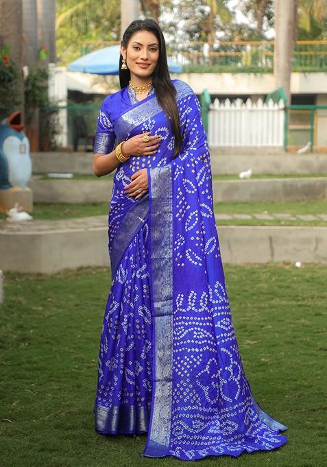 Blue Bandhej Woven Art Silk Saree Set