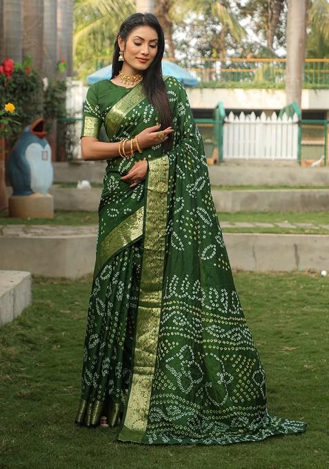 Green Bandhej Woven Art Silk Saree Set