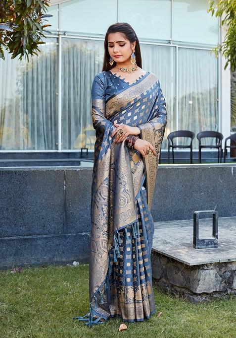 Grey Zari Woven Art Silk Saree Set