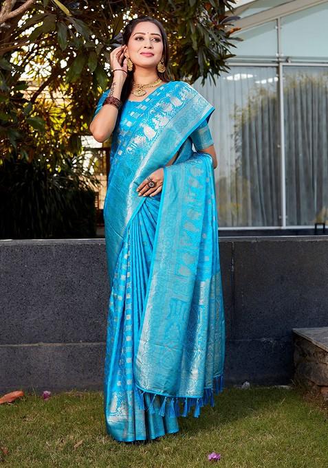 Blue Zari Woven Art Silk Saree Set