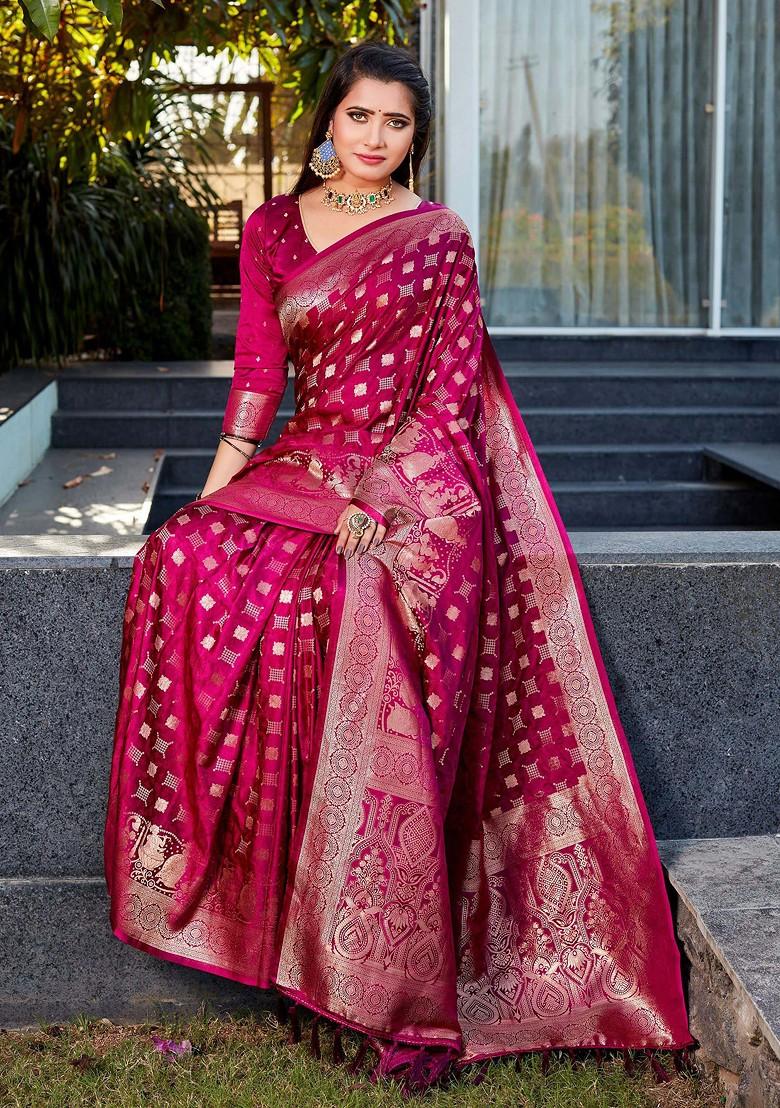 Burgundy Zari Woven Art Silk Saree Set