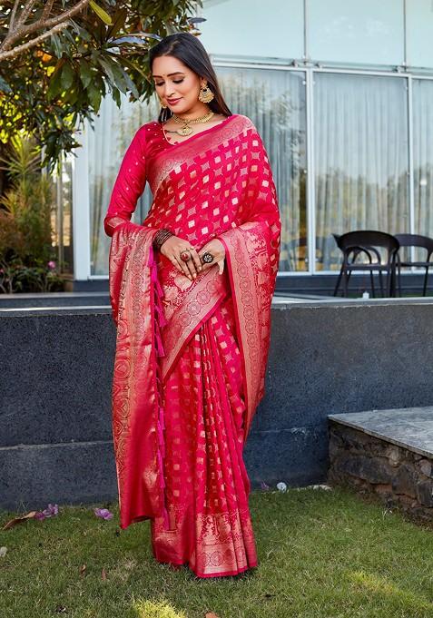 Pink Zari Woven Art Silk Saree Set