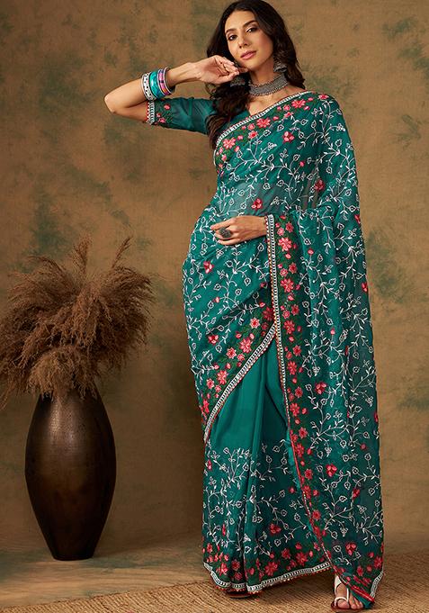 Green Resham Embroidered Organza Saree Set