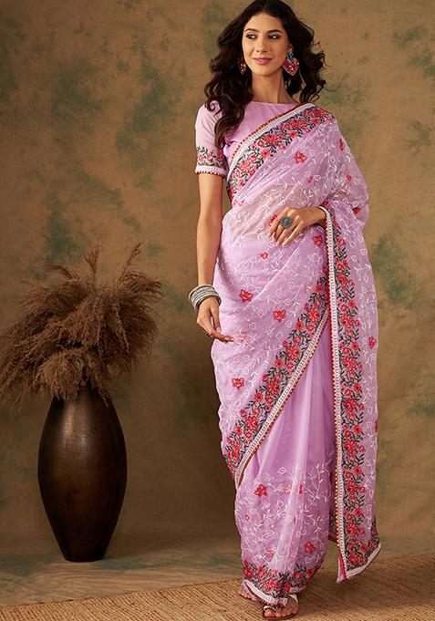 Lavender Resham Embroidered Organza Saree Set