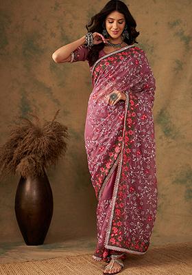 Peach Resham Embroidered Organza Saree Set