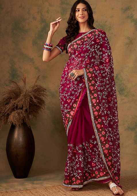 Purple Resham Embroidered Organza Saree Set