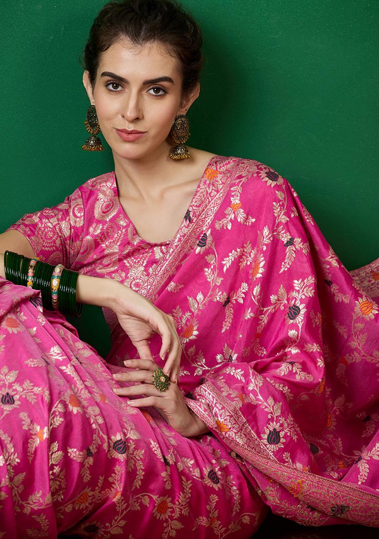 Pink Zari Woven Art Silk Saree Set