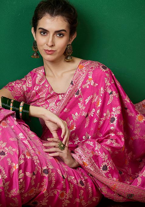 Pink Zari Woven Art Silk Saree Set