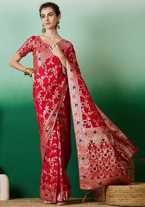 Red Zari Woven Art Silk Saree Set