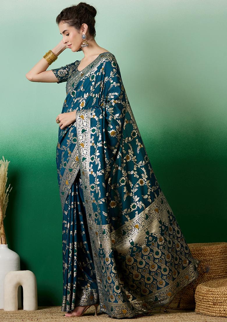 Teal Zari Woven Art Silk Saree Set