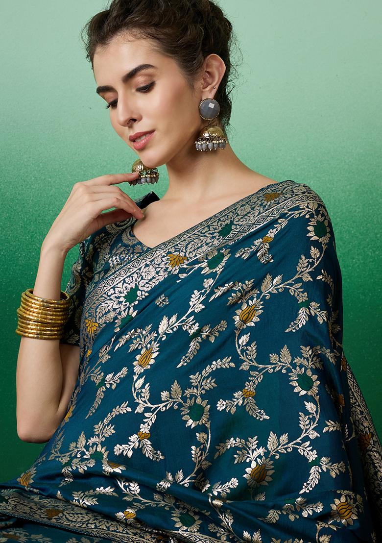 Teal Zari Woven Art Silk Saree Set