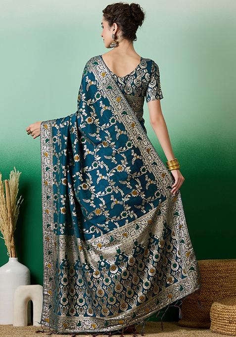 Teal Zari Woven Art Silk Saree Set