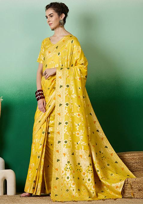 Yellow Zari Woven Art Silk Saree Set