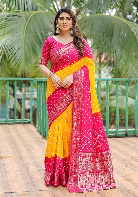 Yellow Bandhej Woven Art Silk Saree Set