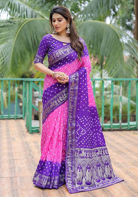 Pink Bandhej Woven Art Silk Saree Set