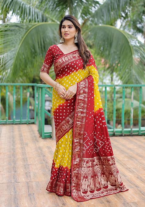 Mustard Bandhej Woven Art Silk Saree Set