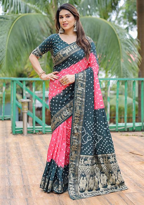 Salmon Bandhej Woven Art Silk Saree Set