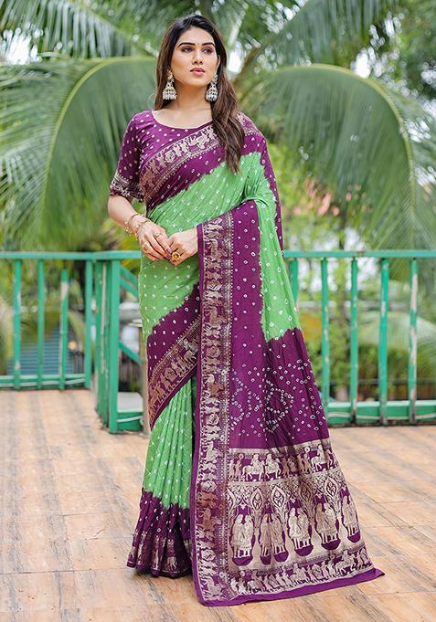 Green Bandhej Woven Art Silk Saree Set